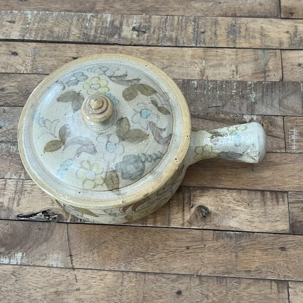 Olaria De Almancil Covered Bean Pot Crock Handle Rustic Floral Design Signed